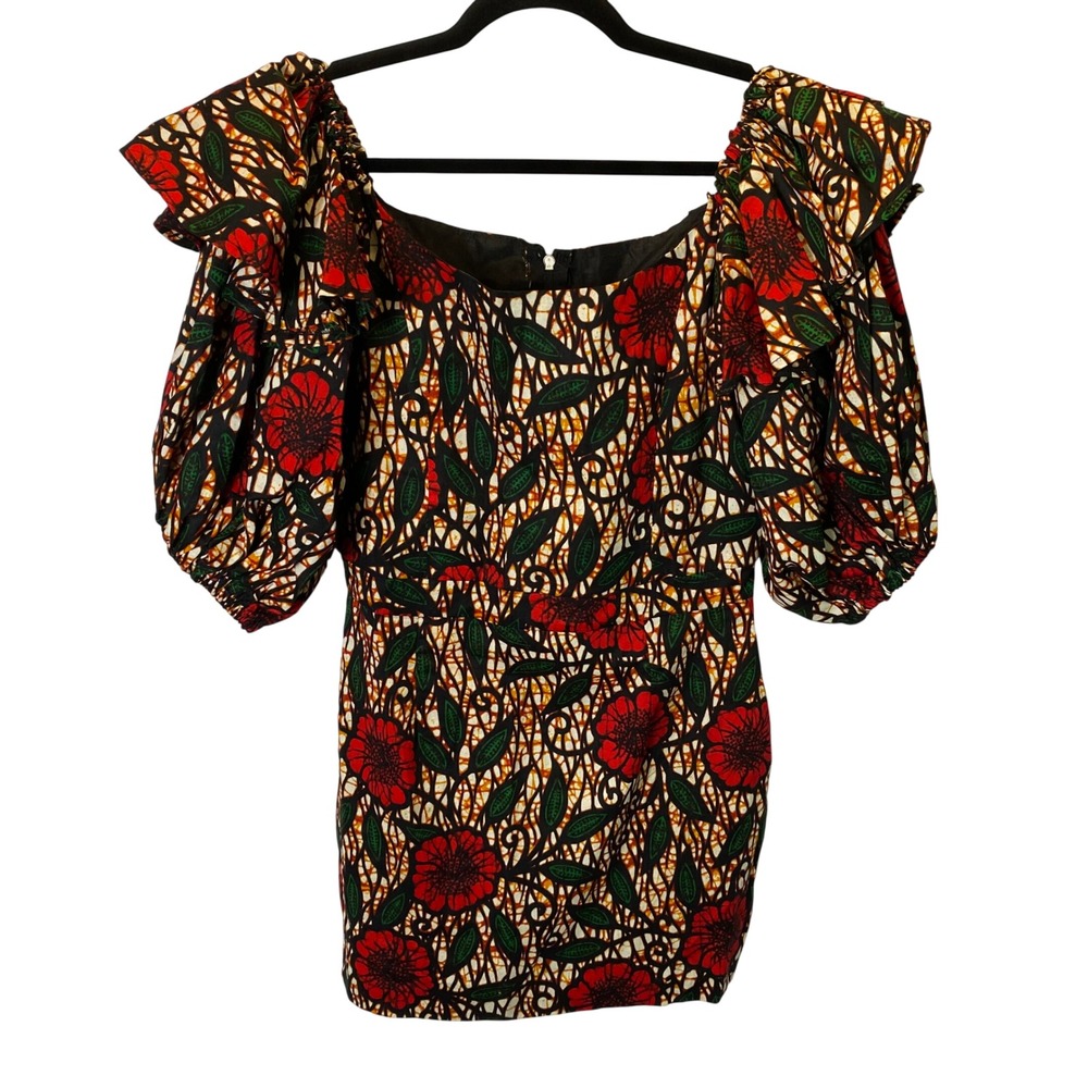 Grass-Fields African Wax Print Mini Dress Women 12 Red Floral Ruffle Puff Sleeve